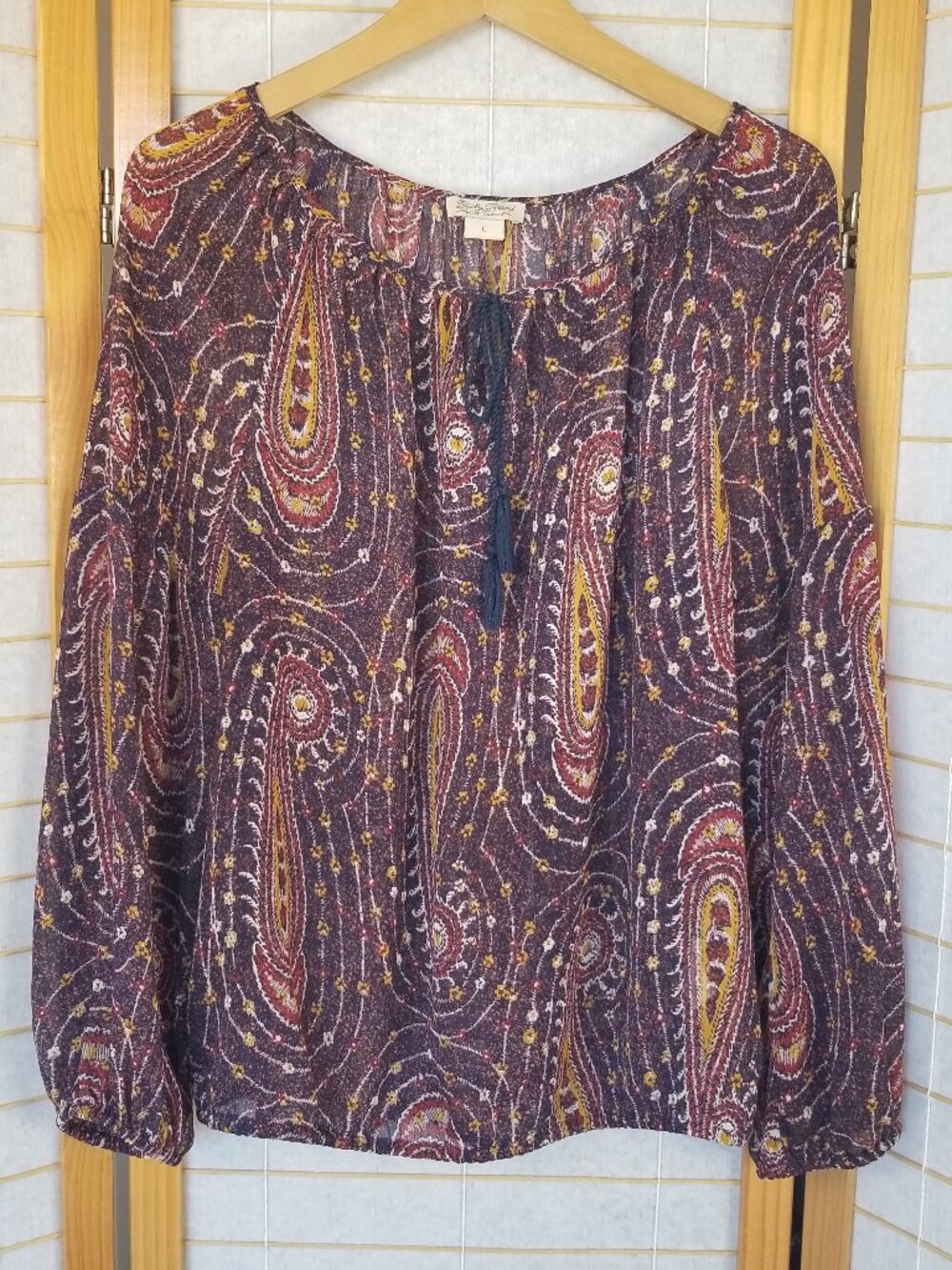 Lucky Brand Dark Floral Paisley Blouse Balloon Sleeves Semi-Sheer Boho Style